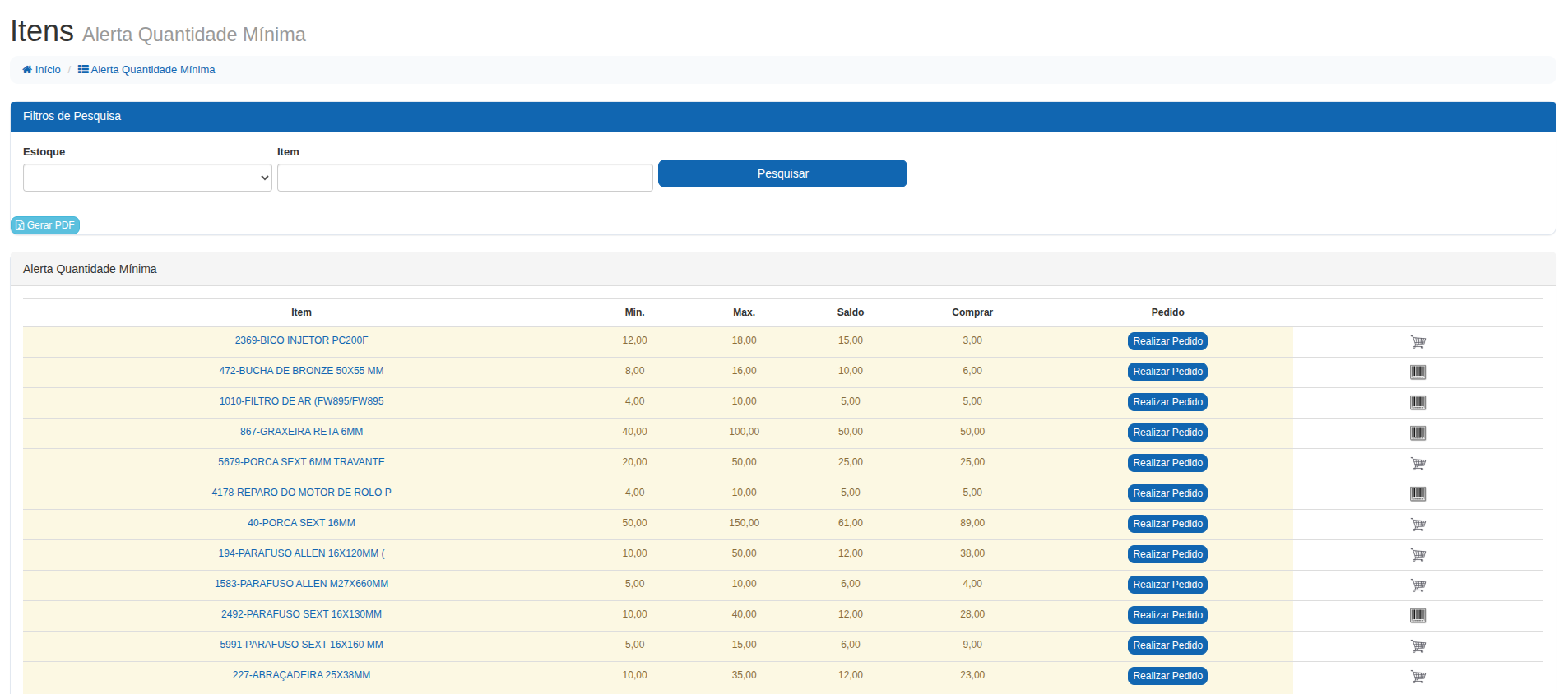 Tela do Sistema - Alerta de Estoque Mínimo