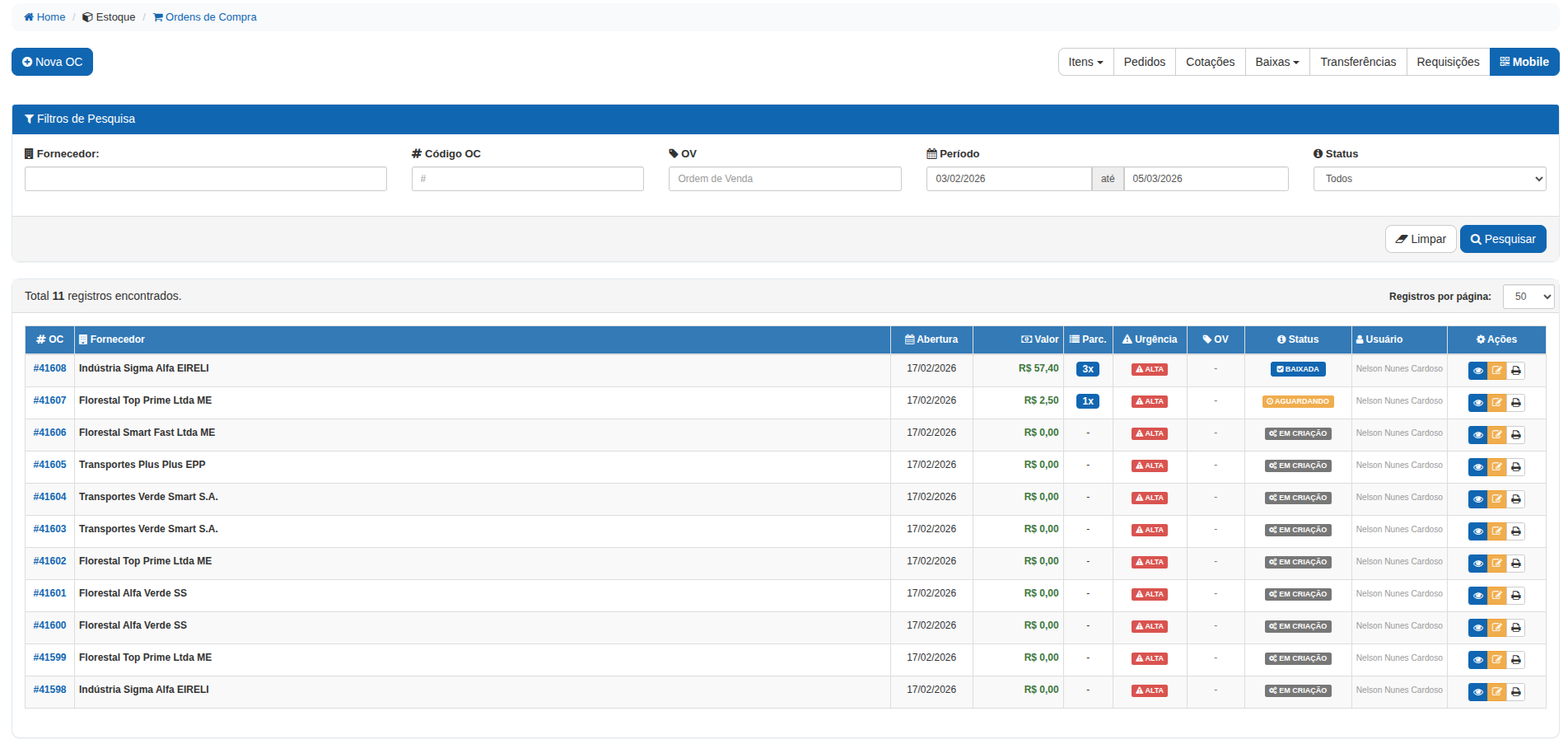 Tela do Sistema - Ordem de Compra