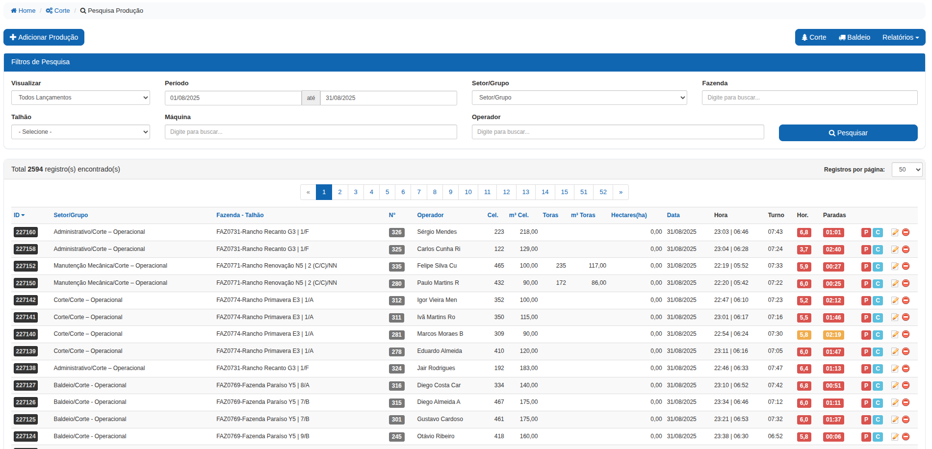 Tela do Sistema - Listagem de Produção